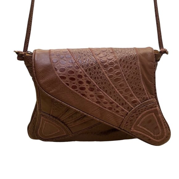 Brown Faux Crocodile Leather Unique Fold-Over Crossbody Bag - Picture 1 of 9